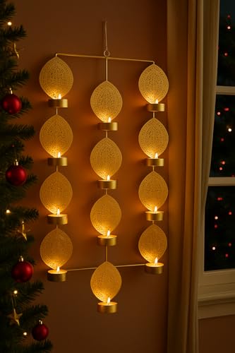 Image of CraftVatika Tealight Candle Holder,Festiv Diwali Decor Items, Wall Mounted Hanging Iron Leaf Design Tealight Candle Holder Stand Frame for Home Christmas Diwali Decoration Items, Wall Decor Items