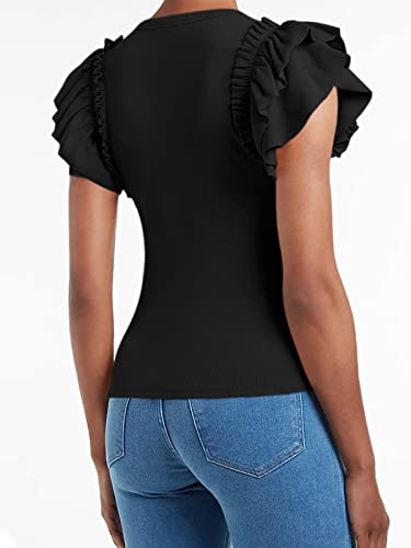 Womens Ruffle Tank Tops Summer Dressy Casual V Neck Slim Fit Ribbed Knit Sleeveless Shirts3