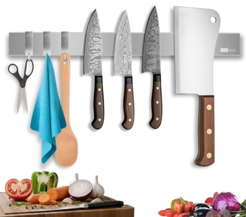16 Inch Magnetic Knife Holder with 3 Hooks - Slim Magnetic Knife Holder for Wall Space-Saving Magnetic Knife Rack & Knife Magnet for Organized Kitchens