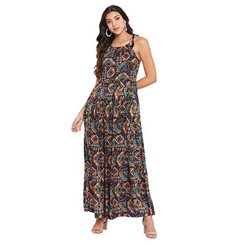 Image of HELLO DESIGN Women Navy Printed Shoulder Straps A-line Maxi Dress
