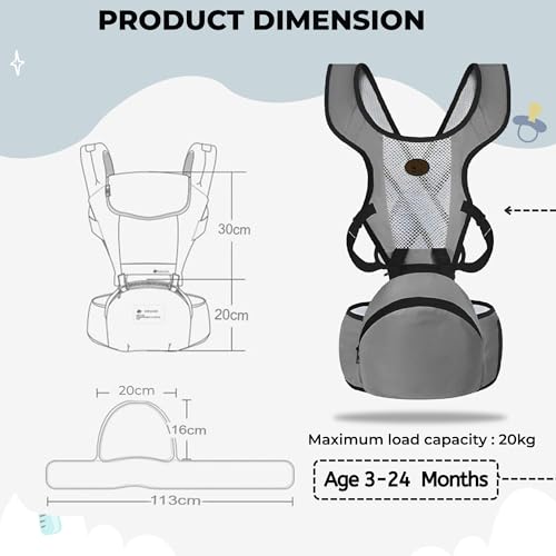 Image of Bembika Baby Carrier with Hip Seat - Soft Kangaroo Bag & Sling Carrier, Multiple Carry Positions, Adjustable Infant Carrier for Hands Free Parenting -(3-24 Months | 3-15 Kg | Grey)
