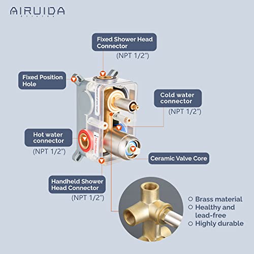 Airuida Brushed Nickel Rain Shower System 2 Functions Wall Mount Shower Fixtures 12 Inches Round Rainfall Shower Head Shower Faucet Set And High Pressure Brass Shower Handheld Rough-In Valve Included #TOP4