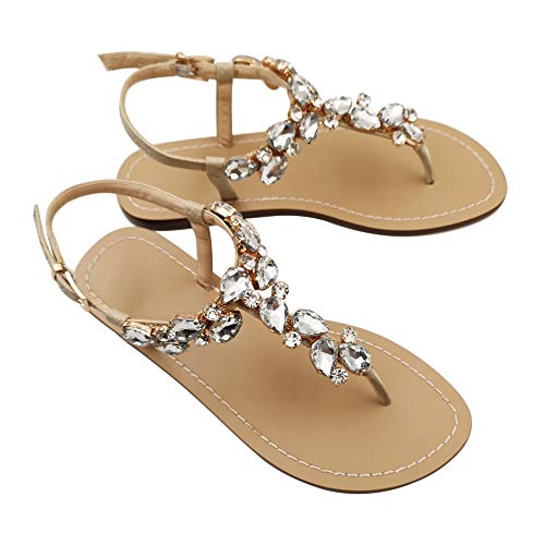 Image of Women's Rhinestone Flat Sandals, Women Flip Flops with Clip Toe RingBeadeed Rhinestone Crystal Jeweled Sandal Shoes for Summer Beach Oceanside Holiday Outdoor