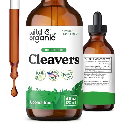 Wild & Organic Cleavers Lymphatic Drainage Drops - Cleavers Herb for Natural Detox Support - Add to Tea Tincture - Galium Aparine Leaf Extract Supplement - Vegan Sugar & Alcohol-Free - 4 fl oz
