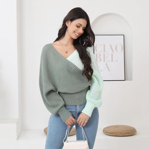 Image of Women's Wrap V Neck Knit Sweaters Batwing Long Sleeve Cross Front Drop Shoulder Fall Pullover Tops