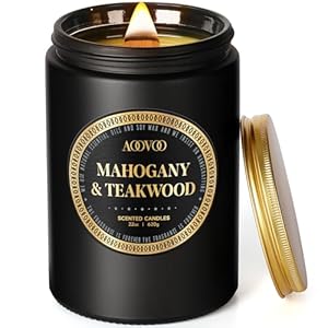 AOOVOO Scented Candles for Men – Large Mahogany & Teakwood Candles for Home Scented | Crackling Wood Wick Soy Candle | Strong Fragranced Masculine Black Candle Gift for Women & Men, 22oz