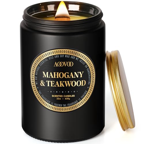 AOOVOO Scented Candles for Men - Large Mahogany & Teakwood Candles for Home Scented | Crackling Wood Wick Soy Candle | Strong Fragranced Masculine Black Candle Gift for Women & Men, 22oz