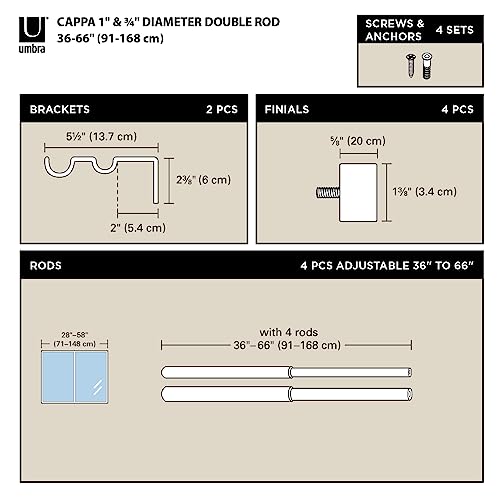 Umbra Cappa Double Curtain Rod, Includes 2 Matching Finials, Brackets & Hardware, 36 To 66-Inch, Brushed Black #TOP1