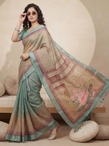 Image of AKHILAM Women's Floral Printed Handloom Cotton Silk Saree with Zari Border and Tassel Pallu Unstitched Blouse Piece | Traditional Ethnic Wear Sarees | Women saree silk | Festive Sari Women's