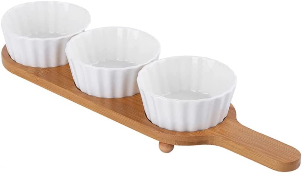 Ramekins Set of 3, Baking Bowl Souffle Dishes with Wood Tray, Ideal for Pudding and Desserts, Small Custard Cups