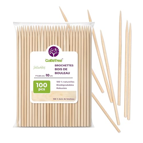 100 Piques à Brochette en Bois de Bouleau 10 cm x 2,5 mm | Bâtonnets Extra Résistants pour Barbecue, Viande et Fruits | Brochettes Écologiques Polyvalentes...