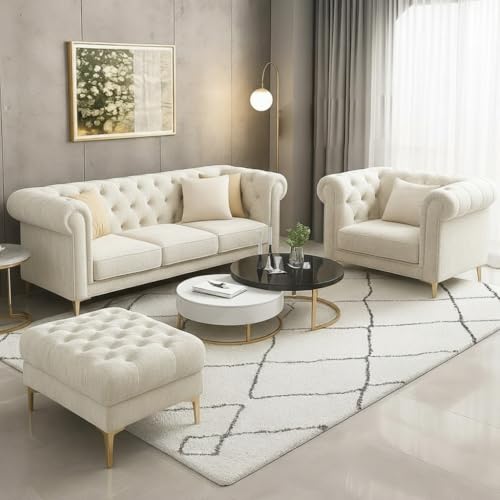 Image of Chesterfield Velvet Upholstery 3-Seater with Armchair and Footrest, Design in 3+1+Footrest Sofa for Living Room, Bedroom, Hallways (Off White)