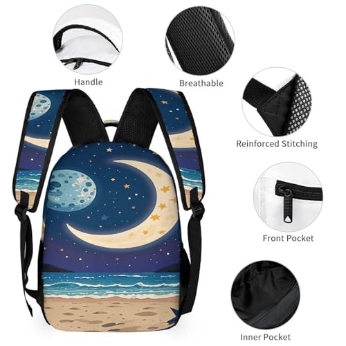 3Pcs Backpack Sets Moon Stars Beach Print Travel Daypack 3 in 1 Lightweight Backpack Set with Lunch Bag And Cosmetic Bag3