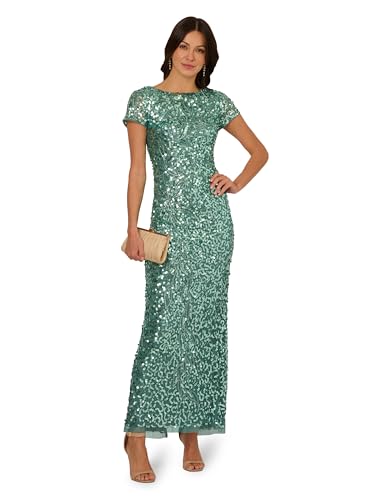Image of Adrianna Papell Women's Beaded Mesh Long Dress, Green Slate, 16