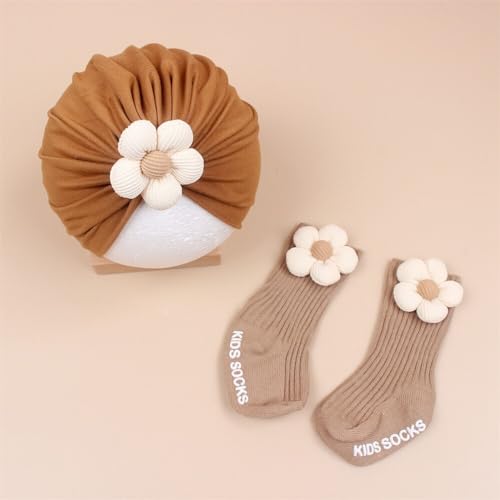 Newborn Baby Hat and Socks Set Baby Flower Beanie Cotton Socks Toddler Beanie Cap Non Slip Sock for Infant 0-6 Months2