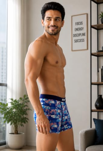 Image of BONO Men Cotton Blend Printed Trunk Combo Anti-Bacterial Moisture Wicking No Marks Stretchable Regular Fit Waistband Underwear Pack of 3 (Darkblue-Multicolor-TurquiseBlue-M)