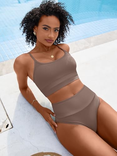 Image of ANRABESS Women's High Waisted Bikini Sets,Color Block 2 Piece Swimsuits,Tummy Control Bathing Suits,Thick Ribbed Beach Wear