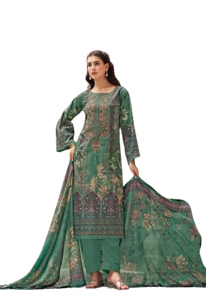Unstitched Pakistani Design Printed Soft Cotton Suit Set, Turquoise colour, Embroidery on Neck Pattern, Top 2.5m, Bottom 3m, Dupatta 2.3m-image-38