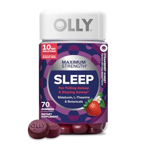 Image of OLLY Max Strength Sleep Gummy, 10mg Melatonin, L-Theanine, Chamomile, Lemon Balm, Sugar Free, Vegetarian Sleep Aid, Strawberry - 70 Count