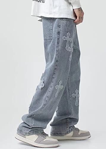 ORANDESIGNE Baggy Jeans Bedruckt Herren Men Hip Hop Baggy Jeanshose Teenager Jungen Bein Jeans Skateboard Hose Streetwear ZD Blau XS