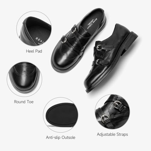 Image of BEAU TODAY Women's Leather Loafers, Wingtip Brogue Monk Strap Shoes | Genuine Leather, Round Toe, Low Heel, Metal Buckle, Non-Slip, Comfortable Business Casual Flats for Work and School