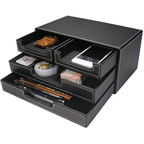KINGFOM PU Leather Desk Organizer with 4 Drawers Small, Desktop Organizer Drawer for Office Supplies Accessories, Stationery Storage Box Bills Collection Holder Black Cover