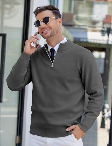 Coofandy Mens Quarter Zip Pullover Slim Fit Lightweight Sweater Casual Knit Pullover Sweaters Charcoal Gray Large thumb #1