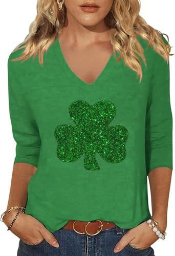Image of Woffccrd Womens 3 /4 Sleeve V Neck T-Shirts Valentina's Day Spring Shirts Love Heart Printed Graphic Tees