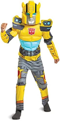 Bumblebee Costume, Muscle Transformer Costumes for Boys, Padded Character Jumpsuit, Kids Size Medium (7-8)