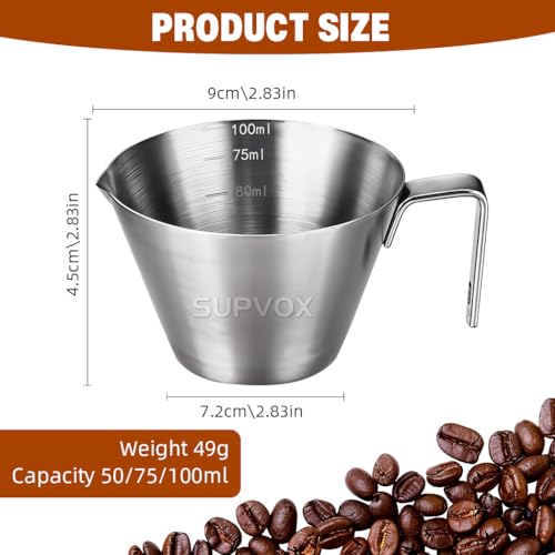 Image of Supvox 100ml Espresso Coffee Cup Brushed Stainless Steel Measuring Cup with Handle Dual-Way V-Nozzle Design Kitchen Measuring Cup Small Oil Pot