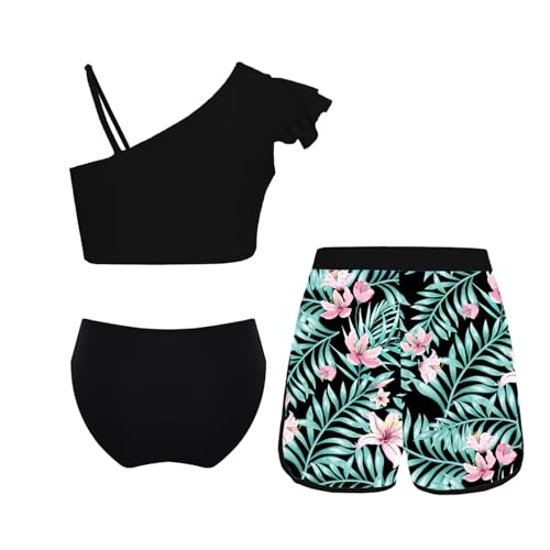 Kids Girls 3 Pcs Tankini One Straps Swim Crop Top with Brief Boyshorts Athletic Swimsuits2