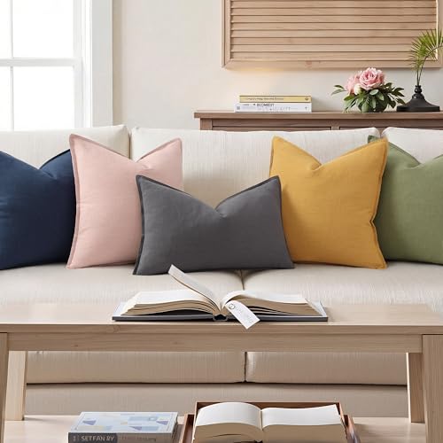 Image of decorUhome Decorative Linen Throw Pillow Covers 12x20 Inch Set of 2 Dark Grey Lumbar Pillow Covers with Flange Edges Soft Farmhouse Boho Accent Pillow Cases for Couch Bed Living Room