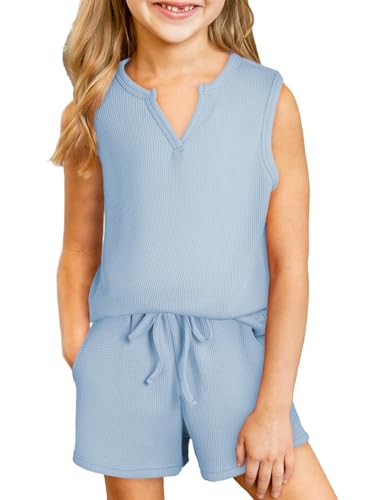 Image of blibean Girls Summer Clothes Set Kids Waffle Pockets Cotton Outfit Size 4-13 Years