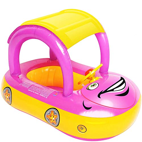 Igeekid Baby Inflatable Pool Float With Canopy, Car Shaped Babies Swim Float Boat With Sunshade Safty Seat For Toddler Infant Swim Ring Pool Spring Floaties Summer Beach Outdoor Play (Pink) #TOP26