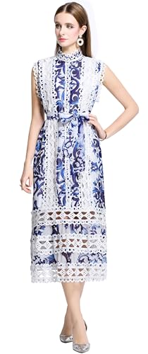 Image of LAI MENG FIVE CATS Women's Sleeveless Hollow Out Lace Button Up Casual Midi Party Dress with Belt