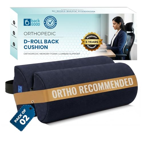 Image of D-Shaped Lumbar Support Roll | 5-Yr-Warranty | Memory Foam | Medical Grade Back Cushion for Lower Back Pain, Sciatica | Office Chair & Car Seat Lumbar Roll(Blue)(Set of 2)