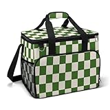 Bolsa térmica minimalista con patrón de tablero de cuadros verdes y marfil para camping, enfriadores de playa, bolsas portátiles a prueba de fugas con correa para el hombro