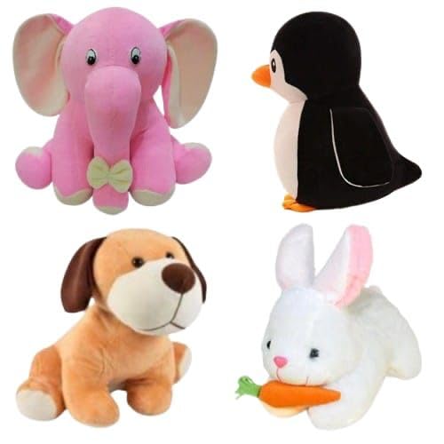 Image of Pack of 4 Elegant Soft Animals Stuffed Plush Fur Soft Toys Combo Set for Kids /Childrens /Boys /Girls Playing Birthday Gift Elephant,Penguine,Dog,Rabbit