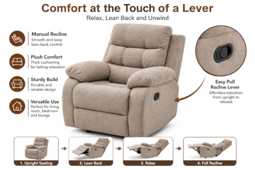 Image of Recliner Armchair for Living Room | Comfortable Upholstered Single Seater Sofa Chair with Ergonomic Backrest, Plush Armrests, Spacious Seat and Solid Wooden Frame (Motorized)