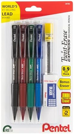 Pentel Twist-Erase EXPRESS Mechanical Pencils, (0.9mm), Assorted Barrel Colors, Pack of 4 Pencils, Lead + Small Block Eraser