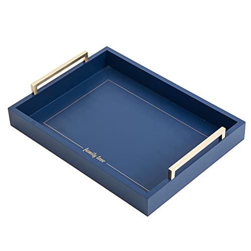 Decorative Coffee Table Ottoman Trays Modern Wood Elegant 16"X12" Rectangle Glossy Shagreen Serving Trays With Champagne Gold Handles -Drinks, Liquor Serving Platter For All Occasion's(Blue) #TOP1