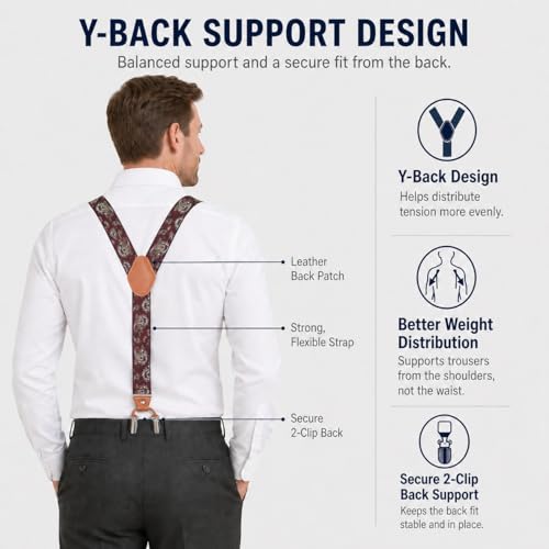 Image of Men's Heavy Duty Y-Back Suspenders, 6 Strong Metal Clips Adjustable Elastic Straps for Work, Tuxedos, and Daily Wear