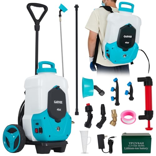 Garvee 4 Gallons Battery Powered Backpack Sprayer with Wheeled Cart 12V 8Ah Electric Sprayer with 6 Nozzles & 2 Wands 4-6 Hour Runtime 90PSI Adjustable Pressure Trigger Lock Yard Sprayers for Law