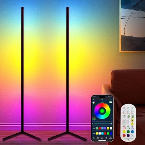Image of LED Floor Lamp RGB+IC, Smart Corner Lamp Work with Alexa&Google Home,1200LM, Modern Floor Lamp with 16 Million DIY Colors, Music Sync, Color Changing Lamp,Timer, for Living Room Bedroom (Pack-2)