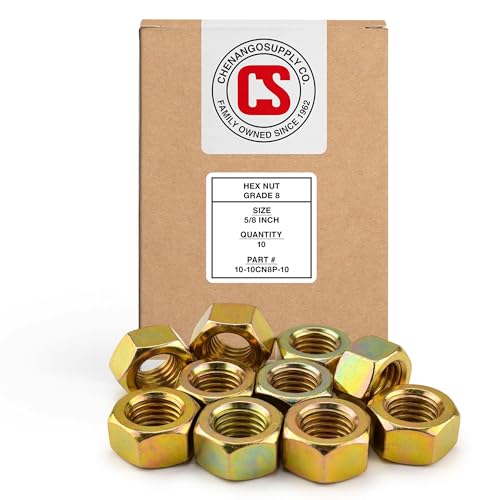 Image of Chenango Supply 5 /8-11 Grade 8 Hex Nuts, Alloy Steel Heavy Duty Nuts | 150,000 PSI Proof Load, Yellow Zinc Chromate Finish, USS Coarse Thread Industrial Fasteners, 10 Pieces (5 /8-11 HxNut G8)