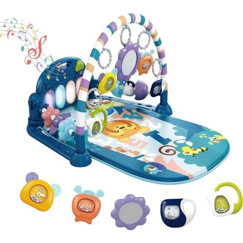 derimkcoa Baby Play Mat Baby Gym,Funny Play Piano Tummy Time Baby Activity Mat with 5 Infant Sensory Baby Toys, Music and Lights Boy & Girl Gifts for Newborn Baby 0 to 3 6 9 12 Months (Blue)