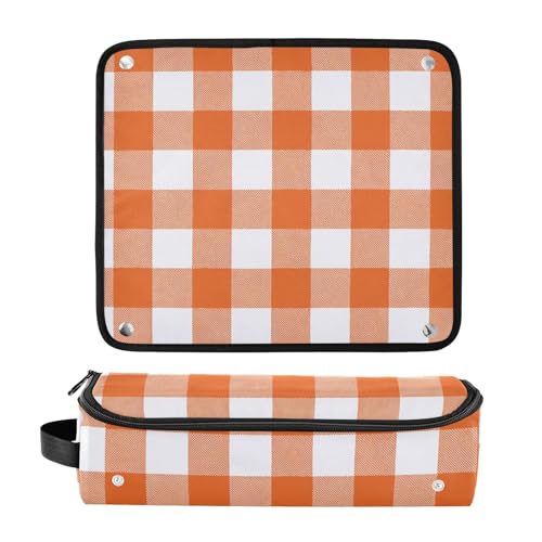 Bolsa de viaje para herramientas de cabello para mujeres con estera resistente al calor para planchas, rizadores, secador de pelo, patrón a cuadros naranja y blanco. miniatura 3