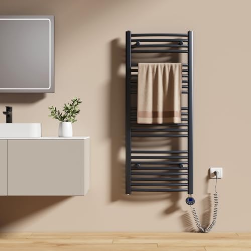 EMKE Radiador Toallero Eléctrico para Baño 120 x 50 cm, Radiador Curvado con Termostato, Calientatoallas Eléctrico, Soporte Toallero Eléctrico, Antracita, 500 Watts