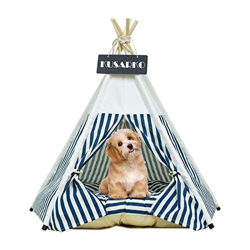 KUSARKO Tipi - Tienda de campaña para mascotas, tiendas de campaña para perros y gatos con cojín y pizarra, gran espacio, 50 x 50 x 60 cm (azul blanco) Cover
