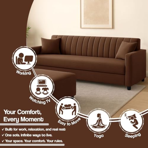 Image of 3+2 Wooden Sofa Set with Ottoman for Living Room | Modern Upholstered 5-Seater Couch | Soft Cushion, Premium Velvet Fabric-Brown